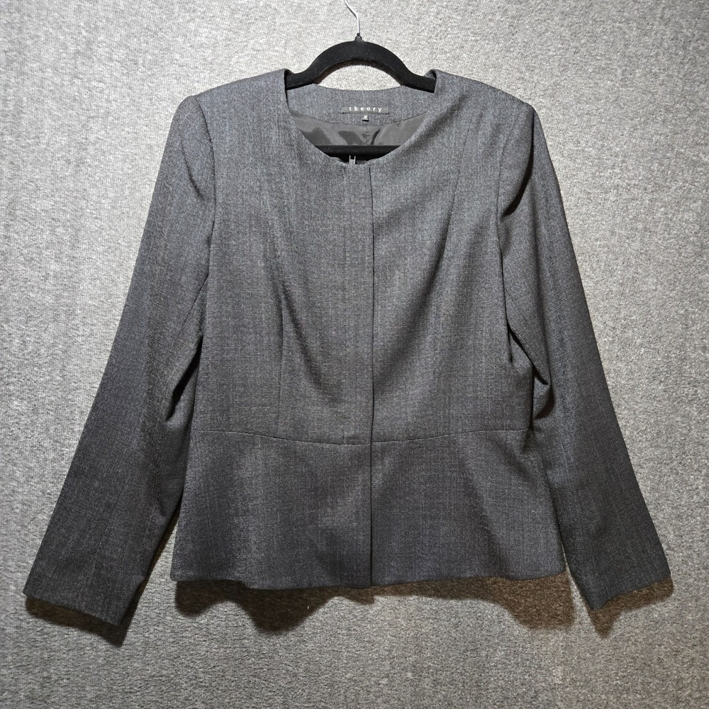 THEORY Black/Gray Peplum Zip Up Jacket Work Career Sz 12 Wool